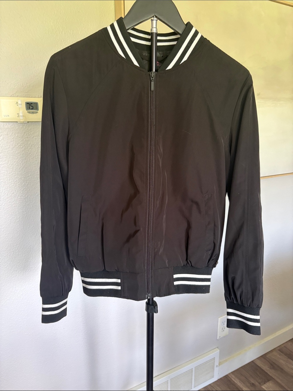 Betsey Johnson Black Bomber Jacket with White Striped Trim